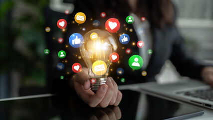 Concept of digital marketing and online communication. A network of user engagement is shown through social media feedback notifications which helps build a strong community. Fermion