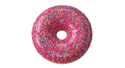 Delicious pink donut with colorful sprinkles isolated PNG, sweet treat for dessert and party decorations on transparent background