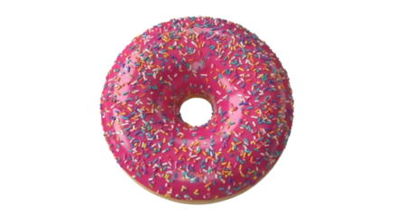 Delicious pink donut with colorful sprinkles isolated PNG, sweet treat for dessert and party decorations on transparent background