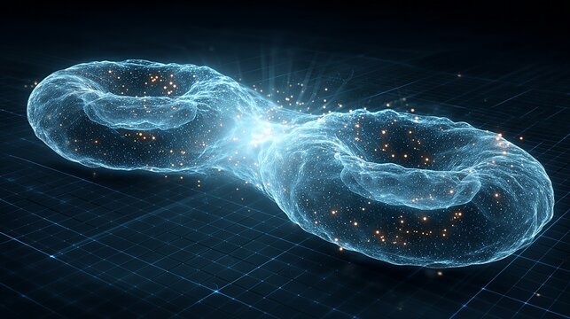 Abstract toroidal plasma energy field 3D render, glowing blue tokamak nuclear fusion reactor concept, futuristic tech background showing particle flow and magnetic confinement.