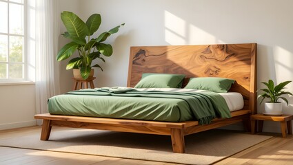 Cozy bedroom with natural wood bed and lush green bedding