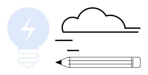 Creativity, innovation, ideas, education, brainstorming, design. A light bulb, cloud and pencil in a minimalist style. Creativity and innovation concept through symbolic objects