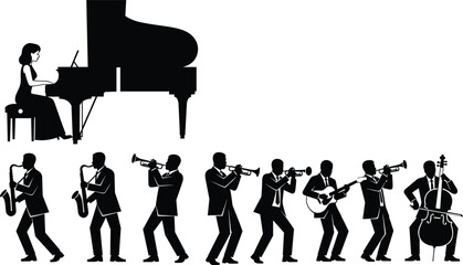 Jazz Band Silhouettes Set of Musicians Playing Piano Saxophone Trumpet and Guitar Vector Illustration © Yeasrin
