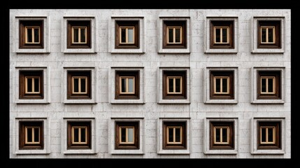 Obraz premium Architectural Design with Symmetrical Window Arrangement on Textured Concrete Wall in Urban Setting Showcasing Modern Minimalist Aesthetics