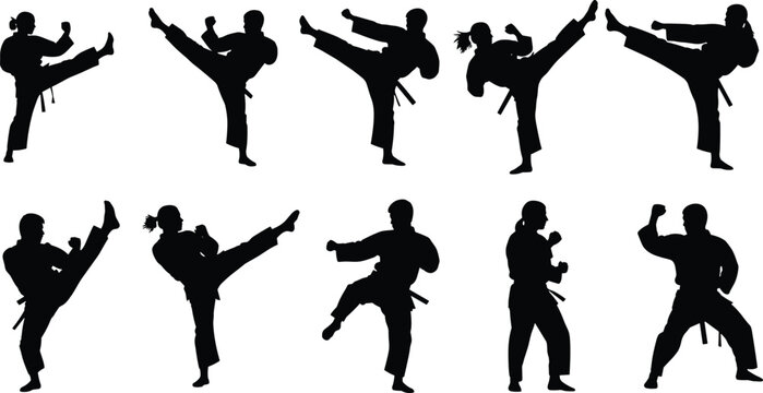 Karate and martial arts silhouettes set featuring fighters in various high kicking and combat stances.