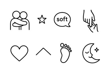 Minimalist outline icons: friendship, love, and serenity collection