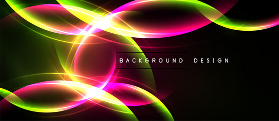 Abstract neon waves, vibrant colors, dark background. Modern design element, dynamic composition, glowing effects.