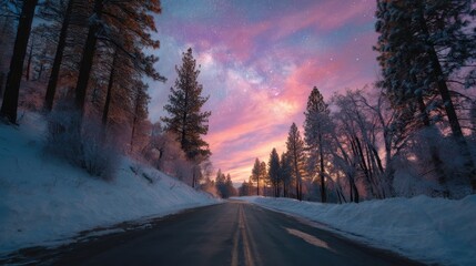 A beautiful sunrise lights up the sky with vibrant colors over a snowy road. Tall pine trees line the path creating a serene winter scene in the early morning light.