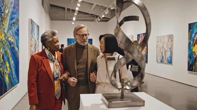 Group of art enthusiasts engaged in lively discussion while admiring vibrant paintings in a gallery, camera pans to capture the scene's dynamic atmosphere
