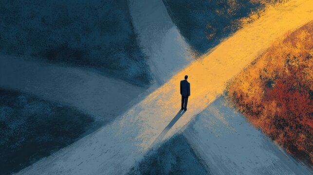 A man is walking down a road with a crosswalk in front of him. He is looking at the road ahead, possibly contemplating his next move. Concept of uncertainty and decision-making