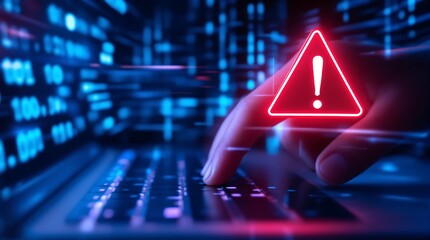 Cyber security threat alert on laptop with red warning sign for virus malware and phishing attack risk