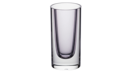 Elegant clear shot glass isolated PNG on transparent background, modern glassware for spirits and cocktails, minimalist design