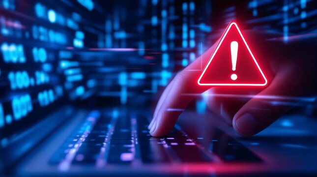 Cyber security threat alert on laptop with red warning sign for virus malware and phishing attack risk