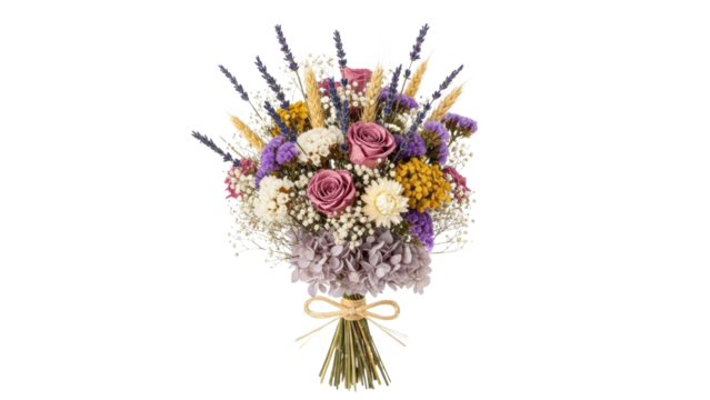 Colorful dried flower bouquet arrangement with ribbon decoration