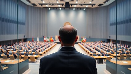 Generative AI depicts a speaker overseeing a global conference, predicting pivotal international