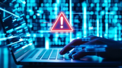 Cybersecurity alert on laptop, computer security warning, data breach, virus attack, system error, hacking risk