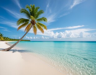 Fototapeta premium 🌴 A beautiful tropical beach paradise with palm trees, blue ocean water, and white sand, perfect for a summer vacation travel