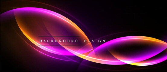 Abstract design features vibrant pink, purple, yellow curves. Dark background enhances glowing effect, creating modern visual.