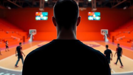 Generative AI digital rendition of a spectator observing a dynamic basketball game, focusing on