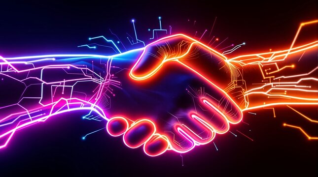Futuristic handshake technology partnership collaboration digital agreement neon glow ai concept art