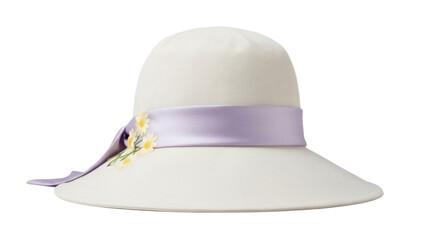 Elegant white cloche hat with lavender ribbon and daisy accents isolated PNG, vintage fashion accessory on transparent background