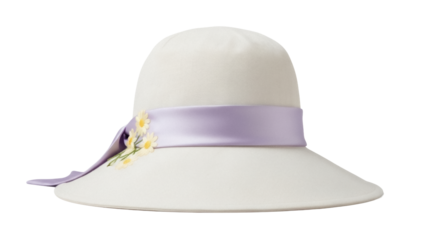 Elegant white cloche hat with lavender ribbon and daisy accents isolated PNG, vintage fashion accessory on transparent background