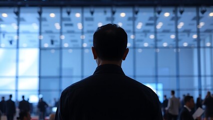 Fototapeta premium Generative AI digital representation of a person observing a dynamic corporate environment with