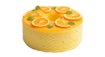 Delicious orange chiffon cake PNG isolated on transparent background, sweet dessert with citrus slices and mint leaves for bakery menu