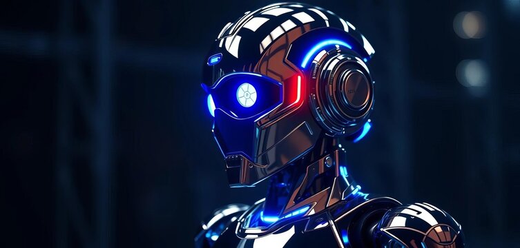 Sleek chrome robot with glowing blue energy core,   strong,  chrome