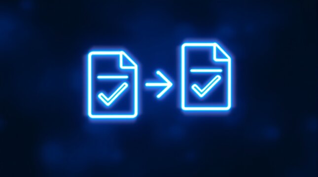 File transfer complete neon icon, data migration process, document copy, backup, sync, share, blue glow effect