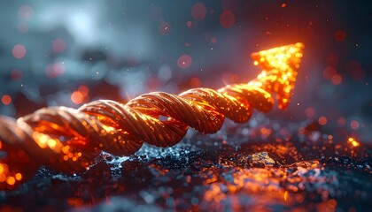 Close-up of a glowing, twisting arrow pointing upwards. Sparkles and fire-like particles accent the metallic design. Dark, textured ground