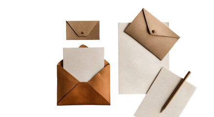 Rustic envelopes, blank papers, and pen arranged on a dark backdrop, suggesting communication