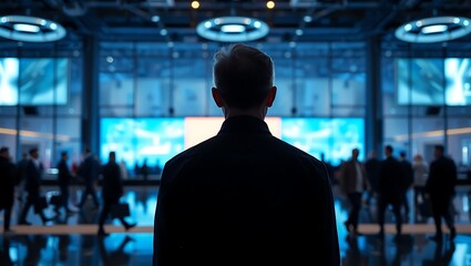 Generative AI envisioning a leader observing advanced technological displays in a futuristic