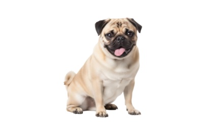 Adorable fawn Pug dog sitting isolated PNG, purebred canine companion with expressive face and wrinkled forehead on transparent background