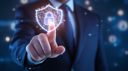 Cyber security concept businessman touching digital lock icon data protection privacy network technology