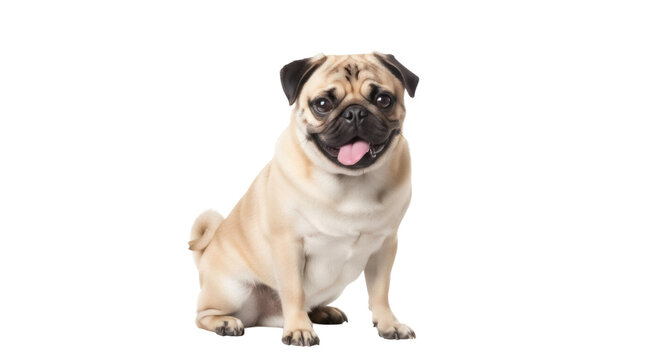 Adorable fawn Pug dog sitting isolated PNG, purebred canine companion with expressive face and wrinkled forehead on transparent background