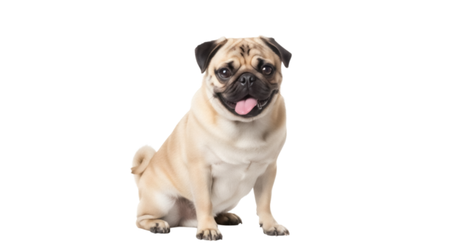 Adorable fawn Pug dog sitting isolated PNG, purebred canine companion with expressive face and wrinkled forehead on transparent background - Powered by Adobe