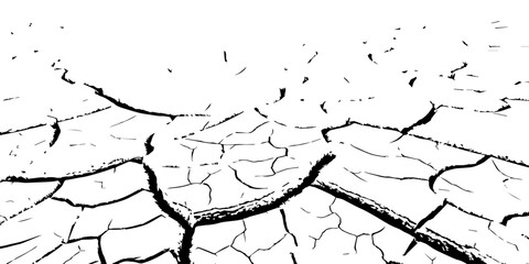 High-contrast cracked earth texture in black and white. Detailed dry soil pattern showing deep fractures and arid surface. Perfect for backgrounds, drought concepts, textures, and environmental design
