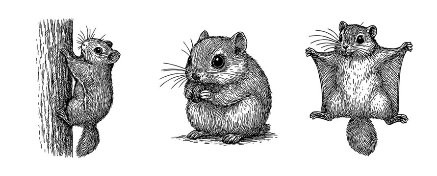 蝦夷モモンガの仕草ペン画セット（木登り・おすわり・飛膜）、Ezo Flying Squirrel Gesture Set (Climbing, Sitting, Gliding)
