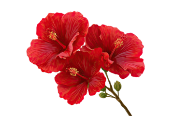 Vibrant trio of scarlet hibiscus blossoms, stem & buds on a black background