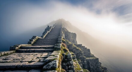 A stone staircase leads upwards into a misty mountain landscape, creating a sense of mystery and journey. The image is taken outdoors during the day.
