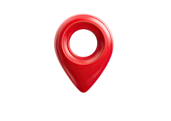 A glossy, red three-dimensional location marker icon on a stark black background