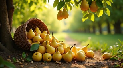 Ripe pears spill from woven basket under autumn tree