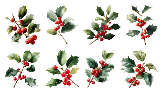 PNG Vibrant holly branches with berries element set, transparent background