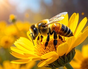 A captivating close-up of a bee diligently pollinating a vibrant yellow flower