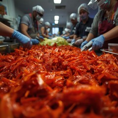 Workers in blue gloves preparing a large amount of chopped red vegetables