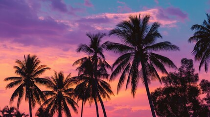 Obraz premium A beautiful sunset over a tropical island with palm trees. The sky is a mix of pink and purple hues, creating a serene and calming atmosphere. The palm trees are silhouetted against the colorful sky
