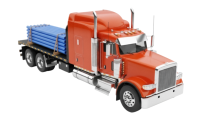 Orange semi-truck with blue pipes isolated PNG, flatbed truck carrying cargo on transparent background for transportation industry
