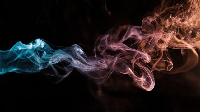 The smoke is blue and purple. It is a very colorful and interesting image. The smoke is flowing and twisting in the air, creating a dynamic and lively atmosphere. The colors of the smoke are vibrant