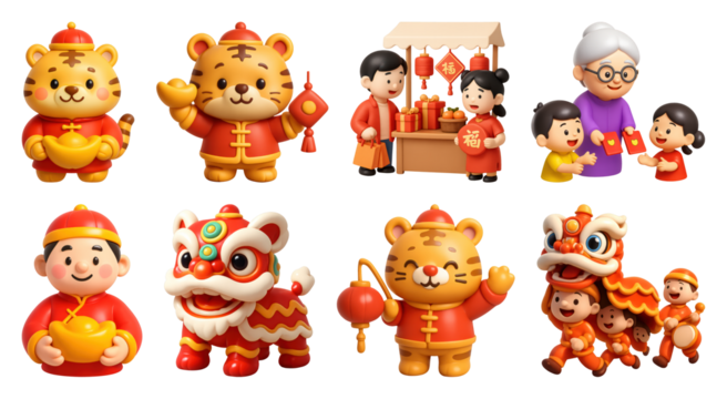 PNG Festive cartoon characters celebrating tradition element set, transparent background